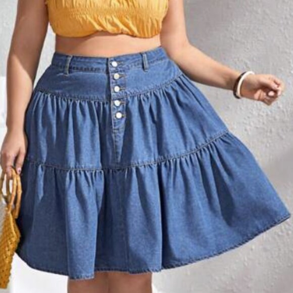 BLUE BUTTON FLY RUFFLE HEM TIERED MINI DENIM SKIRT ASIAN 4XL US 20 - Picture 1 of 5